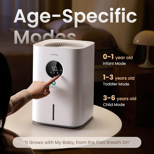 Provirtec Pro Baby Evaporative Humidifier for Bedroom, MistFree & No White Dust, BPA-Free and 16dB Quiet Sleep for kids, 3 Age-Modes, Auto Control, Tap Water Safe, 4L Easy Clean Tank for Nursery