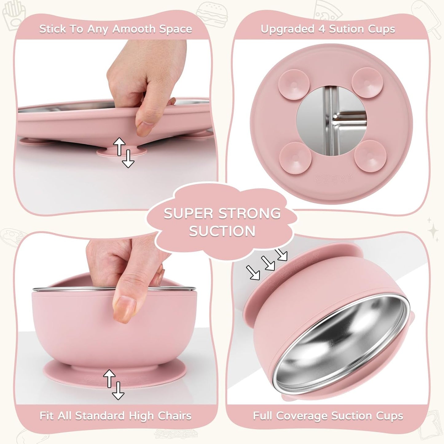 Toddler Plates and Bowls Set Stainless Steel - Bathchef Baby Feeding Set Strong Suction, BPA Free Durable Divided Plates, Safe Self Baby Feeding Utensils,Cup,Spoon,Fork,Dishwasher Safe,6pcs,Pink