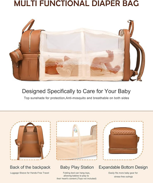 Diaper Bag Backpack with Changing Station, Newborn Essentials Must Haves, Water-Resistant Vegan Leather Diaper Backpack, Large Capacity Baby Travel Bag with Stroller Straps, Unisex Brown