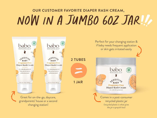 Babo Botanicals Sensitive Baby Fragrance-Free Diaper Cream - 25% Natural Zinc Oxide - Calendula, Shea & Cocoa Butter - EWG Verified - Vegan- from Birth on - 6 Ounce Jar