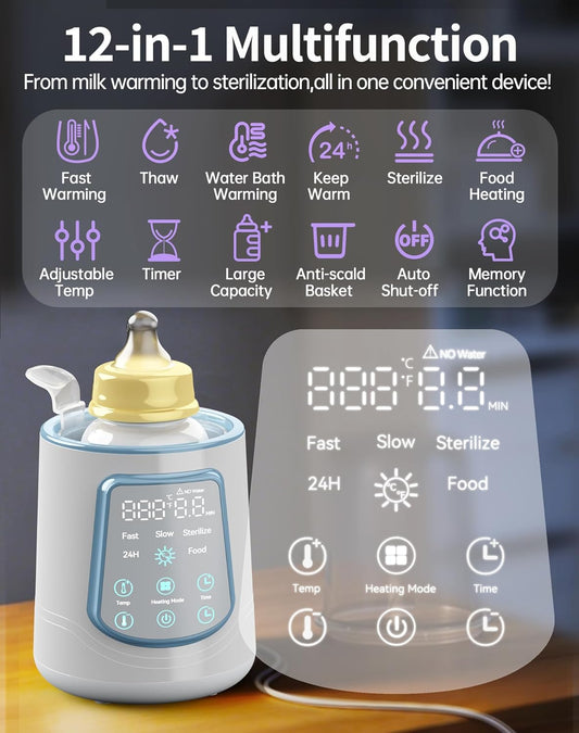 12 in 1 Fast Baby Bottle Warmer with Even Heating No Hot Spots, Night Mode, Sterili-zing, Constant Temp Milk Warmer for Breastmilk & Formula, Fits All Bottles Grey
