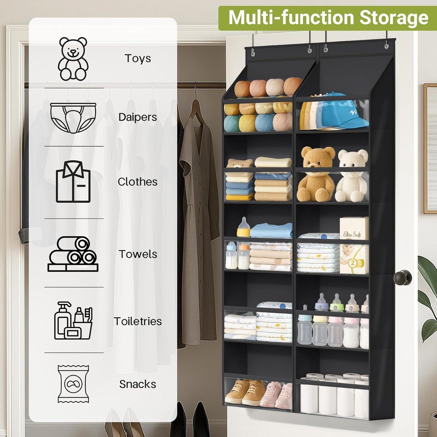 AOODA 2 Pack Over the Door Organizer, Large Capacity Closet Door Hanging Organizer, Clear Deep Pockets Baby Storage for Nursery, Bathroom, Bedroom, Pantry, Diapers (Light Yellow)