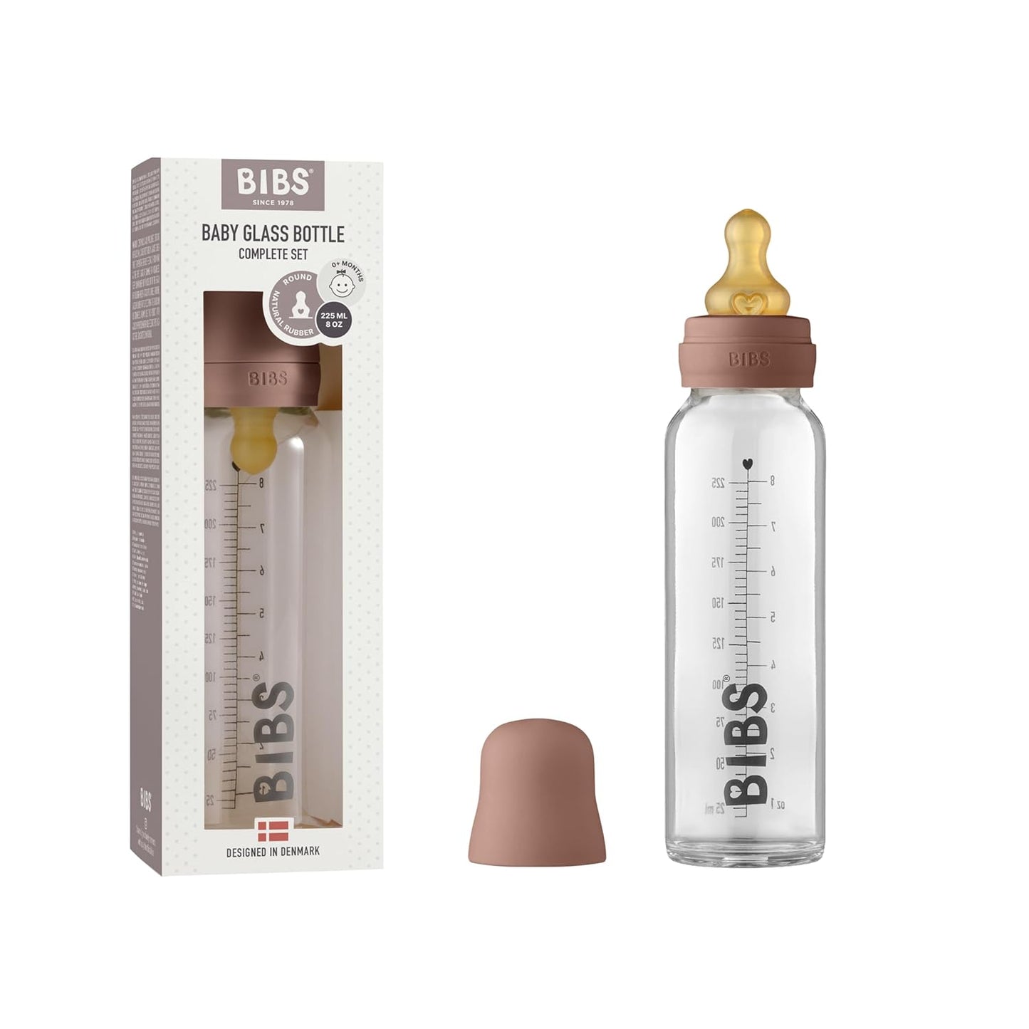 BIBS Baby Glass Bottle. Anti-Colic. Round Natural Rubber Latex Nipple. Supports Natural Breastfeeding, Complete Set - 110 ml, Cloud