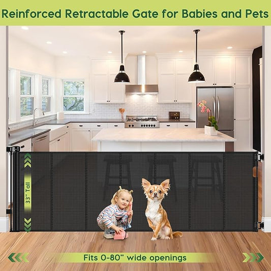 Reinforced 80 Inch Retractable Baby Gate Extra Wide Baby Gate for Wide Openings, Indoor/Outdoor Retractable Dog Gate for Doorway, Mesh Dog Gate Indoor Prevent Babies/Pets from Crawling Under, Black