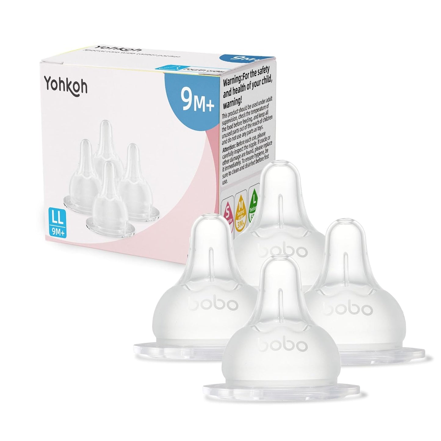 YOHKOH Baby Bottle Nipples for Wide Neck Bottles, 100% Natural Feel Silicone Nipples, BPA-Free (3m+, M, 4 Counts)