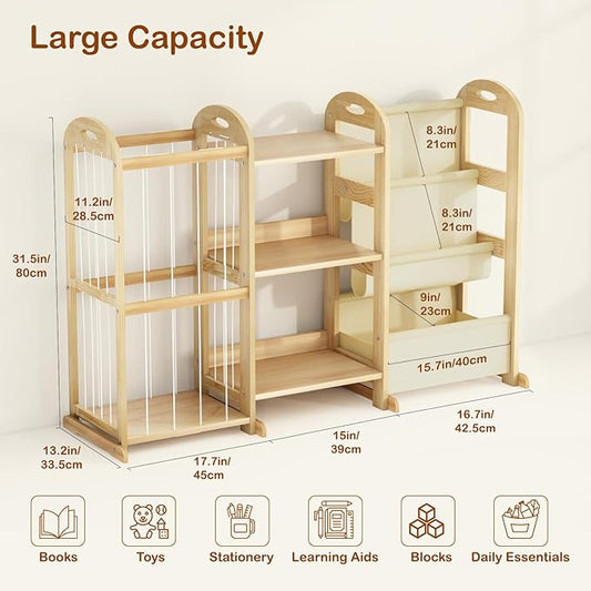 Kids Bookshelf and Toy Storage Organizer, 3-Tier Book Shelf with Stuffed Animal Storage, Kids Toy Book Storage for Bedroom Playroom, Wooden Toy Organizer with 3 Shelves, 49.4" W