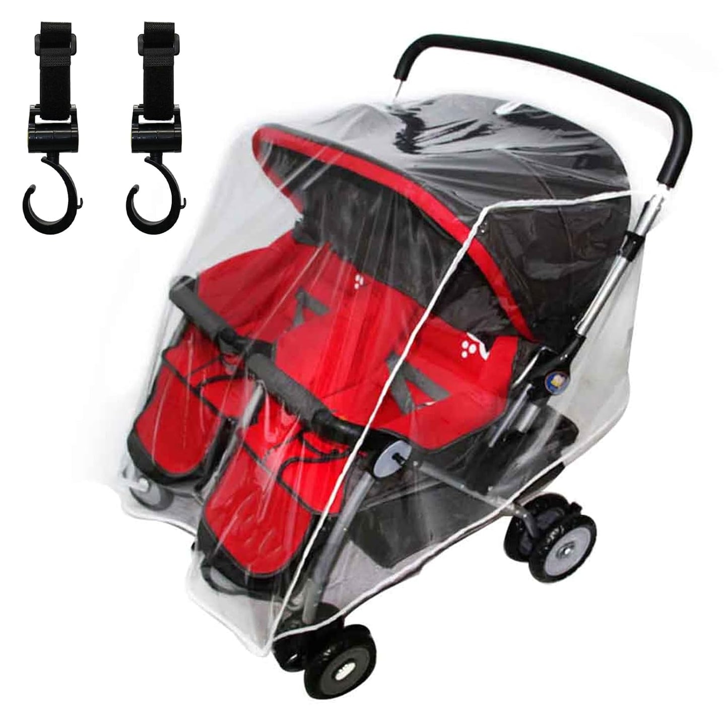 Double Stroller Rain Cover with 2 Buggy Hook, Universal Side by Side Pushchair Waterproof Dust Proof Cover Pram Accessories for Outdoor Travel(Transparent)