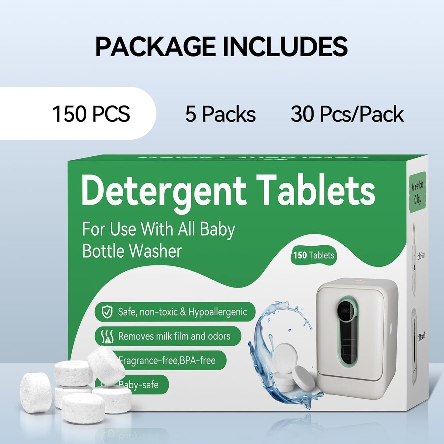 IAGREEA 150 PCS Detergent Washing Tablets, Bottle Washer Tablets for Baby Brezza, GROWNSY, Momcozy Bottle Washers, Natural Formula, Highly Effective Cleaning, Efficiency Removes Milk Residue & Odor