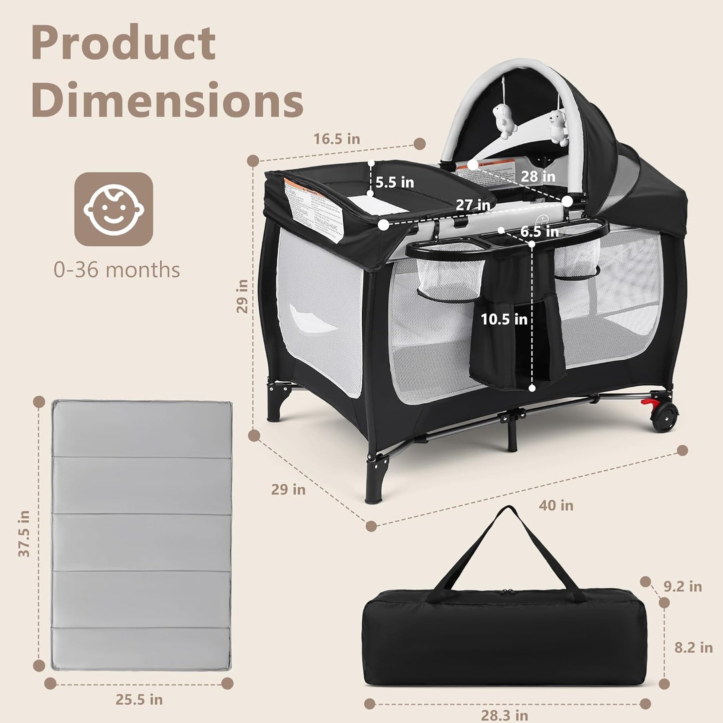 Kinder King 4 in 1 Portable Pack and Play, Baby Playard w/Bassinet, Large Playpen for Infant and Toddler, Newborn Changing Table, Adjustable Canopy, Storage Basket, Travel Bag, Black