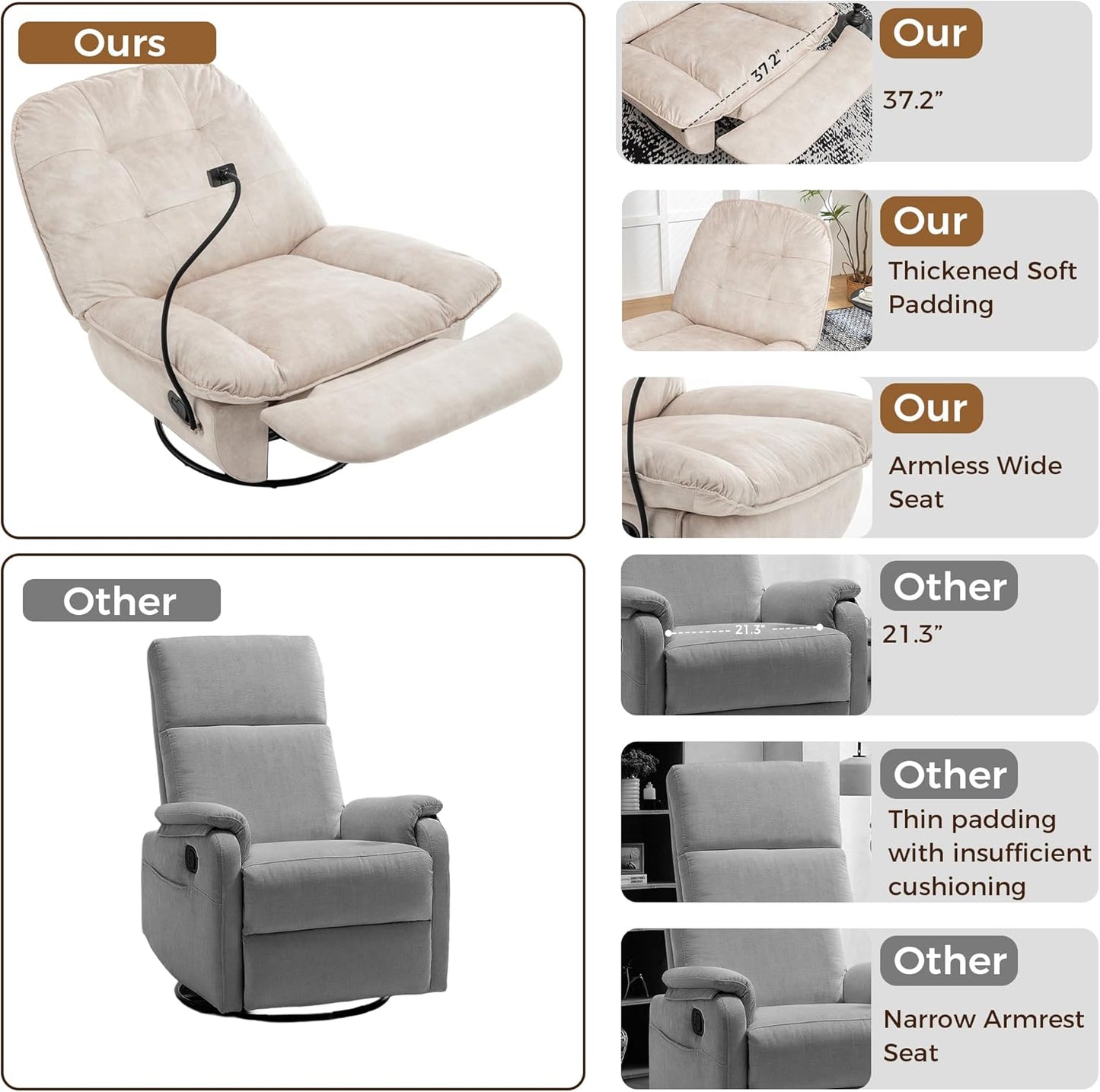 Swivel Rocker Recliner Chair for Adult, Glider Nursery Rocking Chair, Armless Manual Single Recliner Sofa for Living Room, Oversized & Overstuffed, Phone Holder Included, Light Brown Velvet
