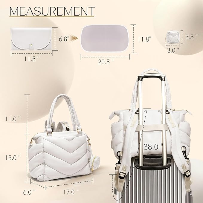 Diaper Bag Tote, Diaper Bag Backpack,Puffer Tote Bag with Pacifier Case, Lightweight Mommy for Hospital, Puffy with 10 Pockets, Convertible Baby for Travel,Beige