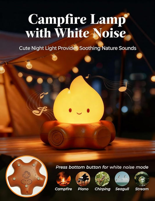 Chibi Campfire Light with Soothing Sounds, Sleep Aid Night Light for Kids, Portable Rechargeable White Noise Cozy Campfire Night Light for Room Decor Camping Trips, Cute Gifts
