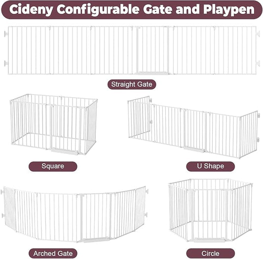 144" Extra Wide Baby Gate with Door, Configurable 6 Panels Baby Fence, Fireplace Gate with Anti-Trip Pedal, Family Essentials Safety Gate for Child Dogs Pets, 28'' Tall White