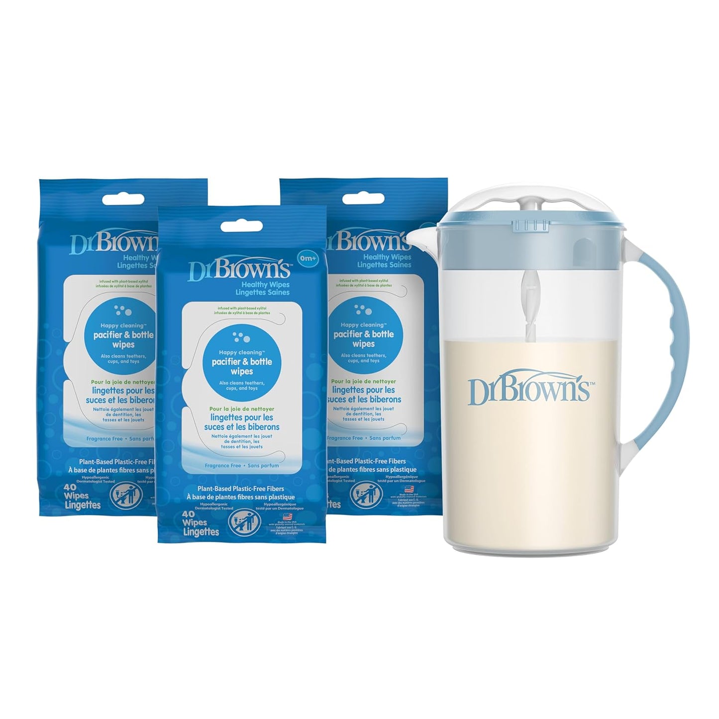 Dr. Brown's Baby Formula Mixing Pitcher, 36oz with Adjustable Stopper and Pacifier and Bottle Wipes, 40 Count, 3-Pack