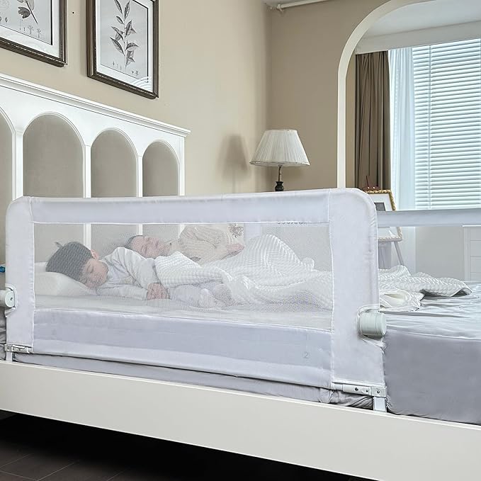 Grelife Foldable Bed Rail for Toddlers, Tall Toddler Bed Rails for Twin, Full, Queen Bed, Baby Bed Rail Guard with Reinforced Metal Frame & Breathable Mesh (1, pearlwhite, 43.0")
