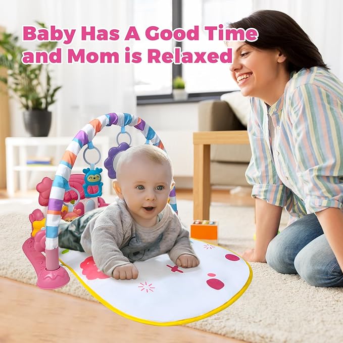 Cuterabit Baby Gym Play Mat, Musical Activity Center for Baby, Kick and Play Piano Gym, Tummy Time Play Mat for Newborn Babies Infants Boys Girls 0-3-6-9-12 Months (Pink)