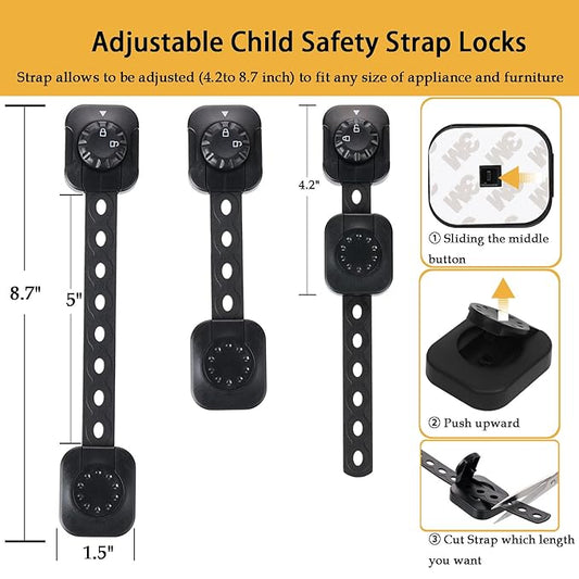 Cabinet Locks Baby Proofing, Child Safety Drawer Locks -Adjustable Child Safety Strap Locks Adhesive Baby Door Latch for Fridge Toilet Oven No Drill Furniture Kitchen Lock Black 2Pack