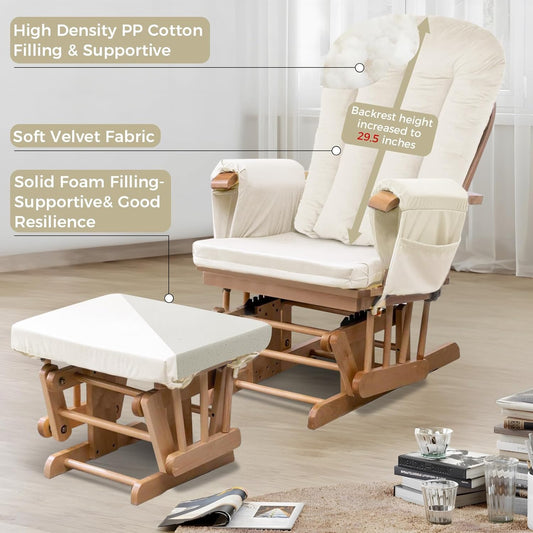 5PCS Suede Glider Rocker Replacement Cushions with 29.5" High Backrest & Side Pockets, Thickened Soft Glider Rocking Chair Cushions with Ottoman Cushion for Indoor Nursery Rocking Chair, Green