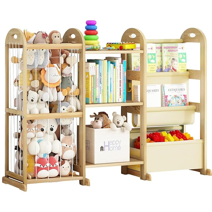 Kids Bookshelf and Toy Storage Organizer, 3-Tier Book Shelf with Stuffed Animal Storage, Kids Toy Book Storage for Bedroom Playroom, Wooden Toy Organizer with 3 Shelves, 49.4" W
