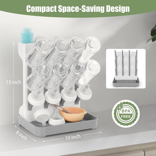 Baby Bottle Drying Rack, Space Saving Baby Bottle Organizer for Countertop, Vertical Bottle Dryer Holder with Brushes Holder, Large Bottle Storage Holder 12 Bottles & Baby Accessories Green
