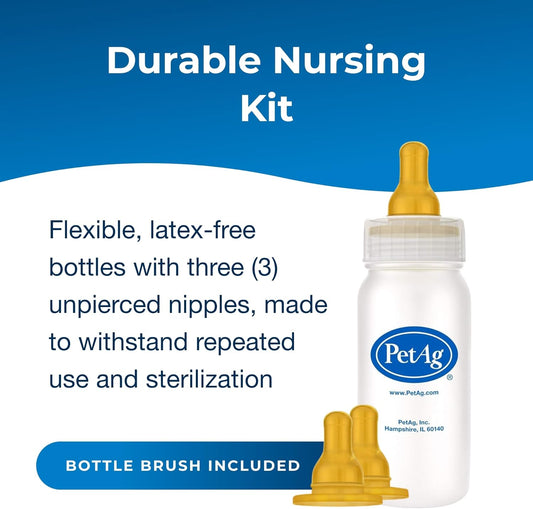 Pet-Ag Nursing Kit - 4 oz - Promotes The Natural Feeding of Liquids to Baby Animals - Each Kit Includes 4 oz. Bottle with Cap, 3 Nipples & Cleaning Brush
