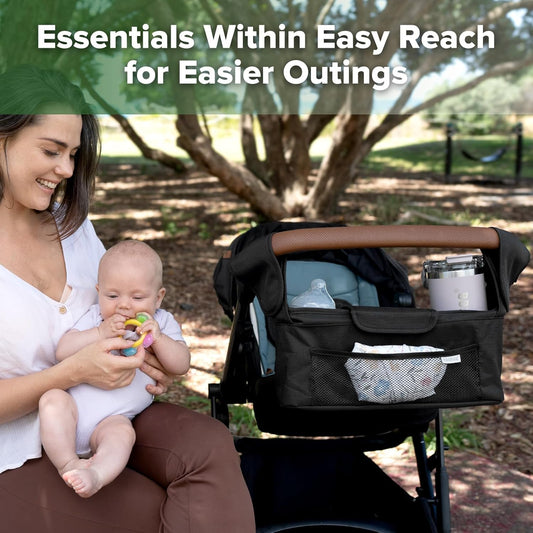 haakaa Universal Stroller Organizer - Black, Single Cup Holder, Stroller Caddy Accessories with Shoulder Strap & Extra Non-Slip Stroller Hook, Fits Most Strollers