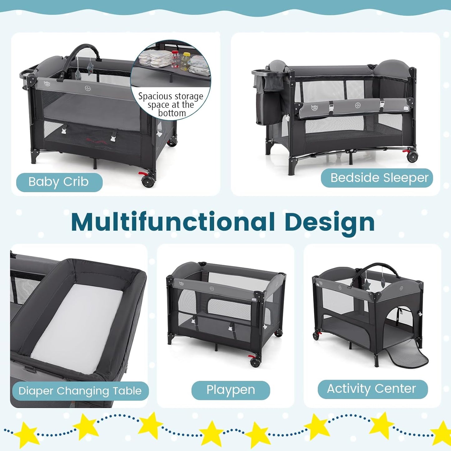 BABY JOY 5-in-1 Pack and Play with Canopy, 4 Level Heights Baby Bedside Sleeper w/Bassinet, U-Shaped Changing Table, Safety Strap, Side Zipper, Portable Bedside Crib Playard from Newborn to Toddlers