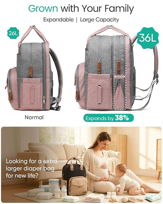 Qualyphant Extra Large Diaper Bag Backpack for Two Kids Twins - Expandable Baby Bag (26-36L), Dual Big Compartments - Includes Changing Pad & Stroller Straps, Unisex Pink Grey