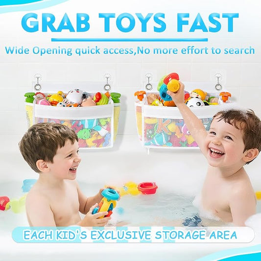 Bath Toy Holder 2-in-1 Zip-Connect Bathtub Toy Storage with 4 Suction Cups No Falling & one-Click Toy Release Quick-Dry Mesh Baby Shower Toy Holder - Kids Bath Toy Net for Tub Organizer