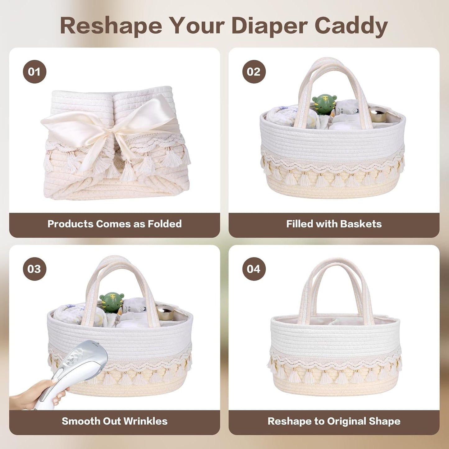 Diaper Caddy Organizer, Stylish Nursery Storage Basket, Baby Shower Basket with Tassel Decorative Appearance, Portable Storage Basket Suitable for Family and Car Travel (Grey)