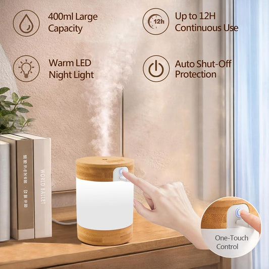 Bamboo Ultrasonic Mini Humidifier, 400ml Quiet Desktop Humidifier with Dual LED Night Light, USB-C Powered, Auto Shut-Off, Portable Small Room Air Moisturizer for Bedroom, Desk, Office & Travel