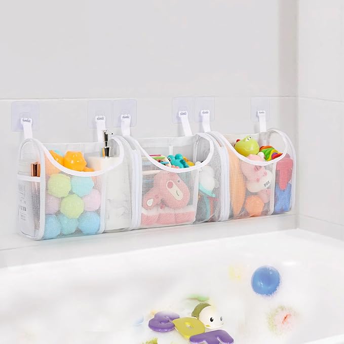 Bath Toy Storage, Detachable 6 Compartments Bath Toy Holder, Large Capacity Bathtub Toy Storage with Built-in Compartments Side Pockets, Mesh Shower Caddy for Sorting Baby Bathroom Toys - White