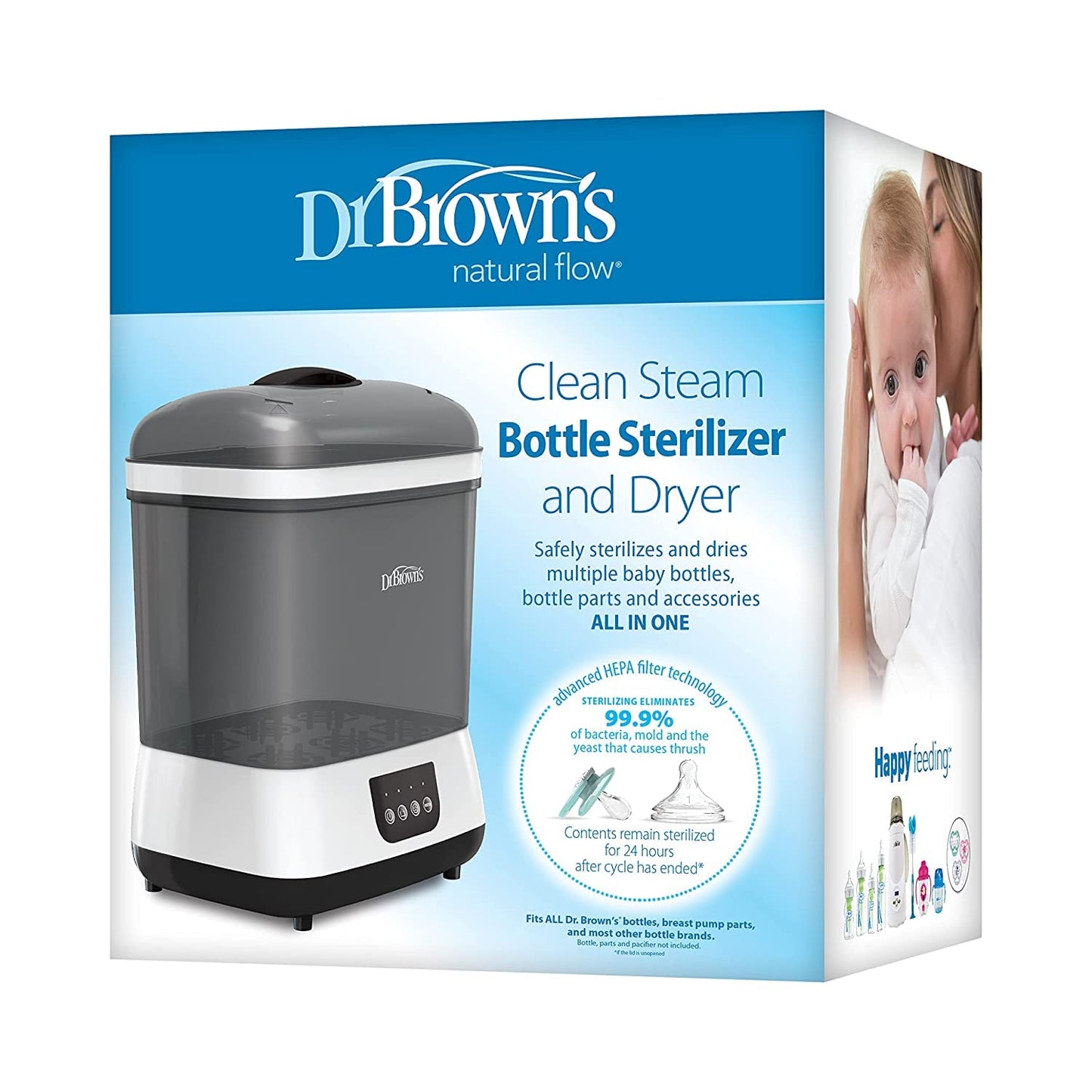 Dr. Brown’s Clean Steam Baby Bottle and Pacifier Sterilizer and Dryer, Anti-Colic Options+ Baby Bottles 8 oz, 0m+ Level 1 Nipple, 4 Pack, and Reusable Sponge Bottle Cleaning Brush Set Blue, 3-Pack
