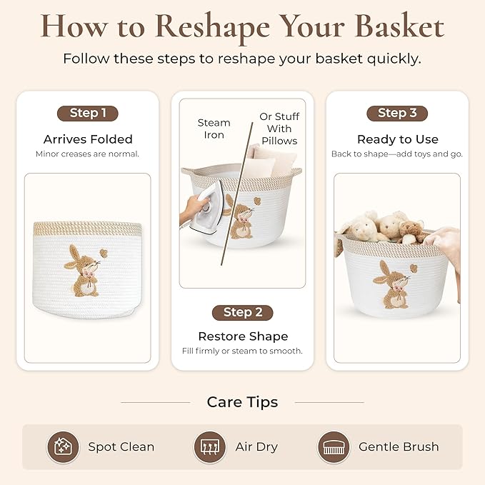 Bunny Storage Basket for Nursery – Large 15"x11" Cotton Rope Bin with Soft Embroidered Bunny Patch – Toy Organizer, Baby Laundry Hamper, Blanket & Diaper Holder – Foldable, Washable & Baby-Safe
