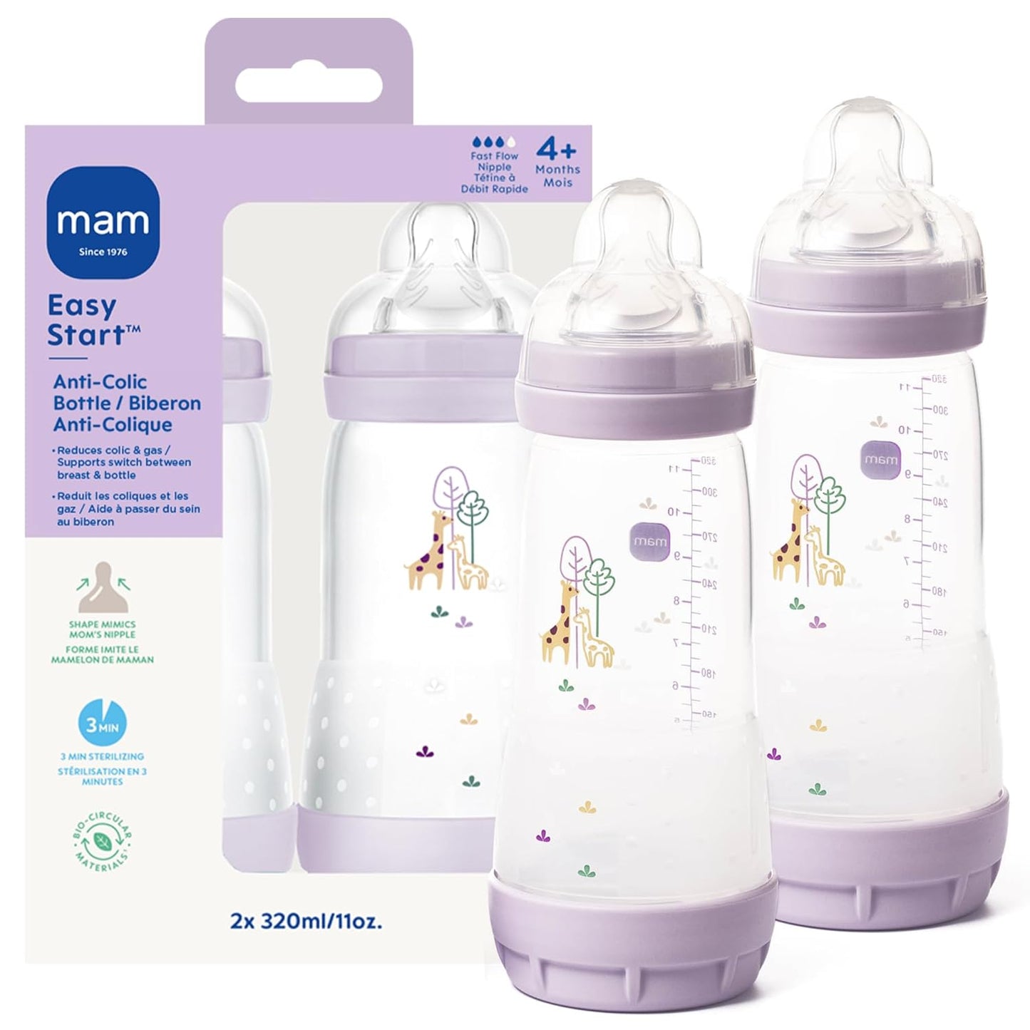 MAM 11oz Easy Start Anti-Colic+ Wide Neck Baby Bottle, Fast Flow Breastfeeding-Like Nipple, Reduces Colic Gas & Reflux, Easy to Clean, BPA Free, 4+ Months, Made in Europe, 2 Pack, Boy