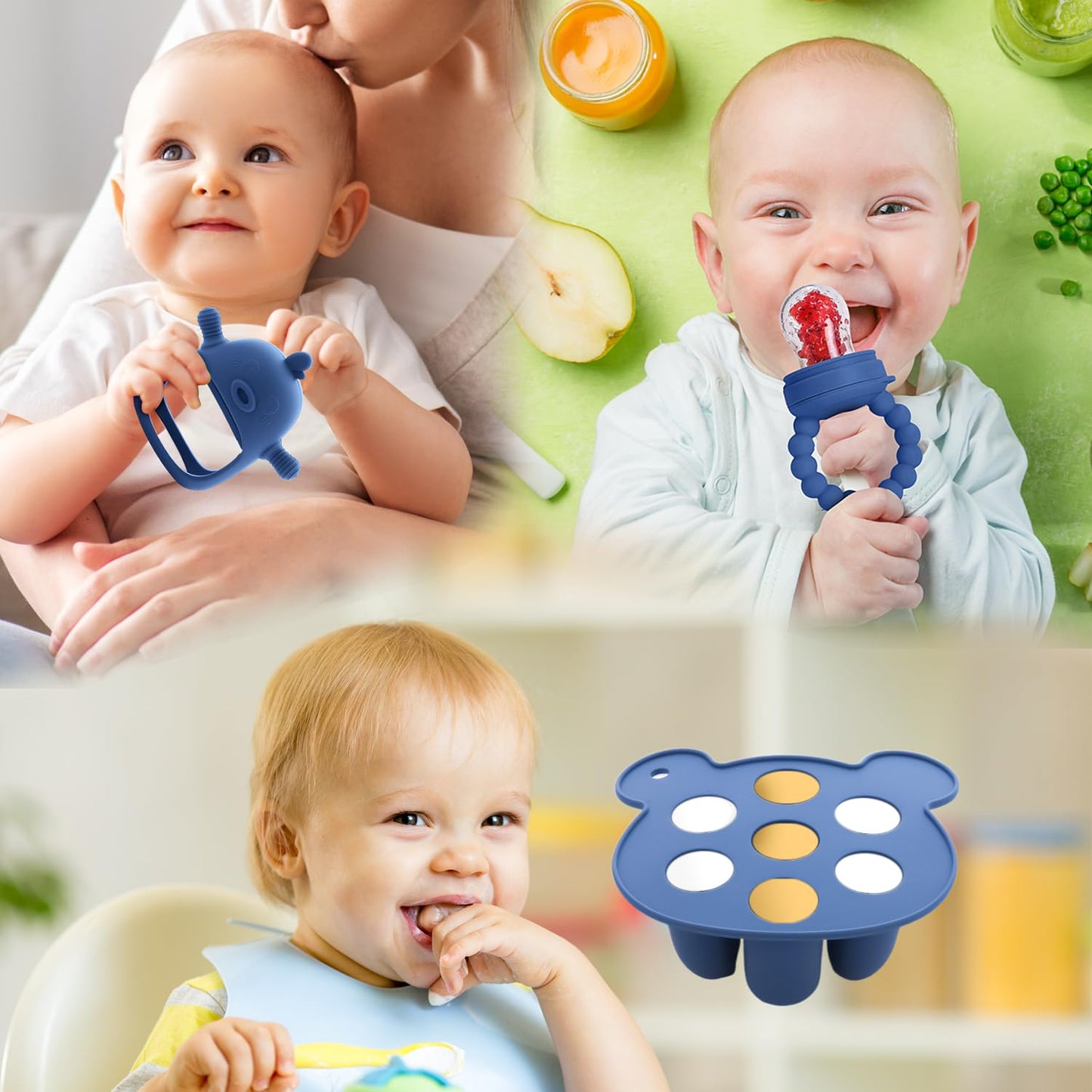 3-in-1 Baby Food & Fruit Feeder Set – Breastmilk Popsicle Mold with Freezer Tray, Teething Relief Toy, BPA Free Infant Silicone Feeding Combo, 3 Bonus Sizes (S/M/L) Sacs (Olive Green)