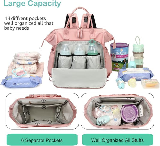 LORADI Large Diaper Bag Tote, 14 Pockets Stylish Baby Bag with Stroller Clips and 3 Insulated Pockets, Baby Shower Essentials