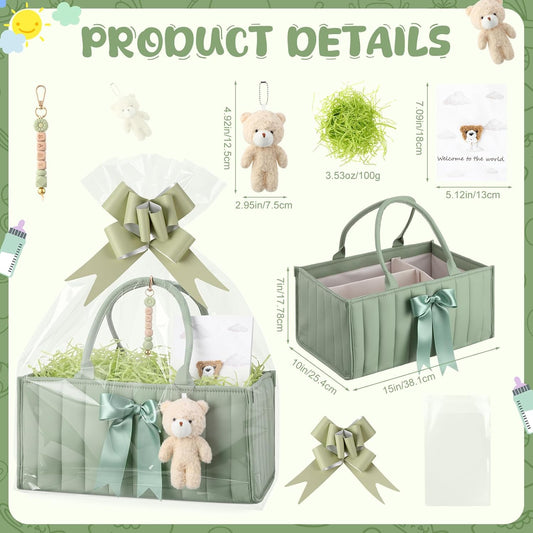 LemonRoad Baby Diaper Caddy Organizer Stylish Newborn Essentials Tote Bags with Bear Plush, Daisy Keychain, Greeting Card - Ideal Baby Shower Gift & Registry Must-Have (Sage Green)
