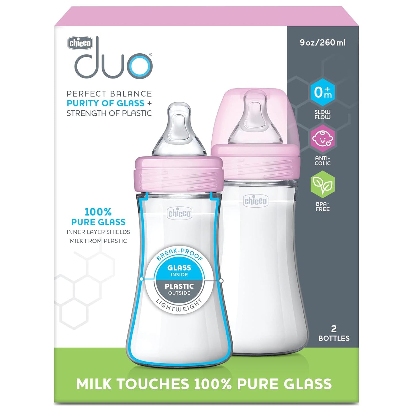 Chicco Duo 9oz Hybrid Baby Bottle, Real Glass Inside, Lightweight Plastic Outside, Patented Invinci-Glass Technology, Intui-Latch Nipple, 2-Pack, Clear/Pink