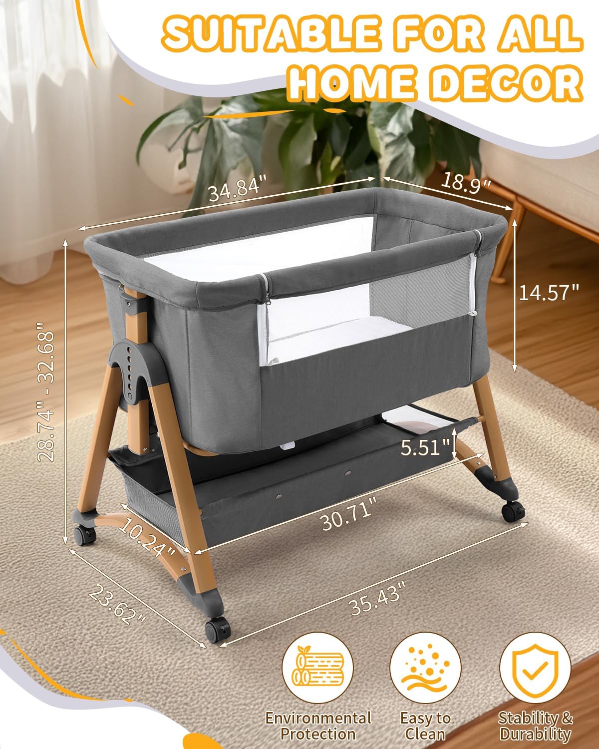 Baby Bassinet Bedside Bassinet with Large Storage Basket, Cozy Mattress, Rocking Mode, Adjustable Heights, Portable Bedside Crib for Newborn(Dark Grey)