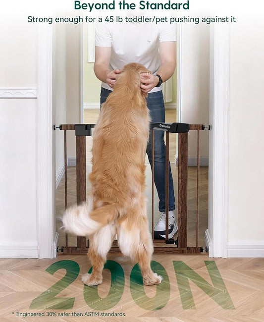 Babelio Metal Auto Close Baby Gate PressGuard, 29"-55" Extra Wide Pet Gate for The House and Doorways, Pressure Mounted Walk Thru Child Gate with Door, Black Wood Pattern, 30" Tall