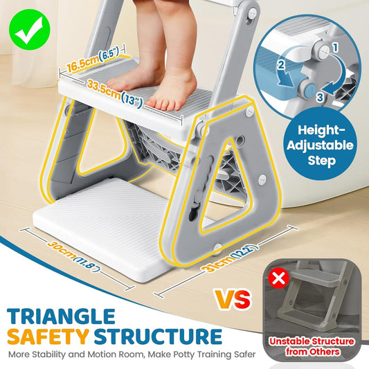Potty Training Seat with Step Stool, 2-IN-1 Toddler Potty Training Toilet for Kid Boys Girls, Adjustable Toilet Seat for Toilet with ladder, Splash Guard, Anti-Slip Pad and Safety Handle, Gray
