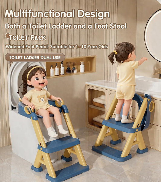 Kids Potty Training Toilet Seat with Step Stool Ladder, Bear Design, Adjustable Height, Non-Slip Steps, Soft PVC Cushion Seat with Handles (A-Pink)