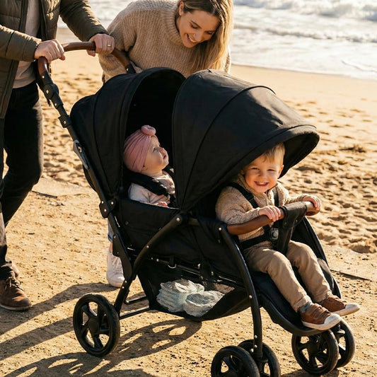 INFANS Double Stroller, Foldable Baby Tandem Stroller with Djustable Backrest Canopy Footrest, 5-Point Harness, Storage Basket, Convertible Compact Twin Stroller for Infants and Toddlers