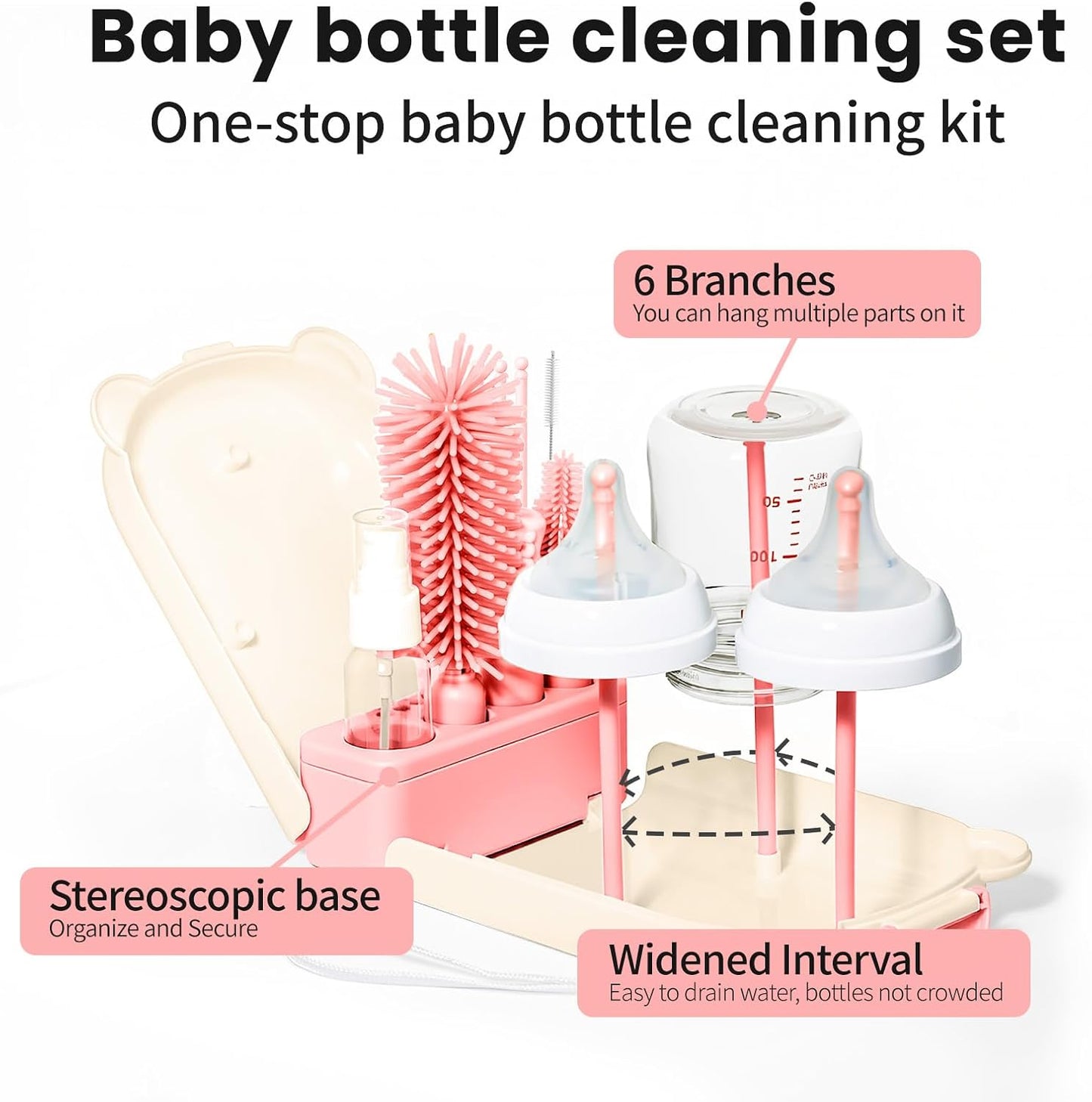 LEQXGO Travel Baby Bottle Cleaner Kit with Storage Case, 7-in-1 Baby Bottle Brush Set with Drying Rack for Breast Pump Parts, Bottle Washing Kit - Baby Travel Essential for Flying & On-the-Go (Blue)