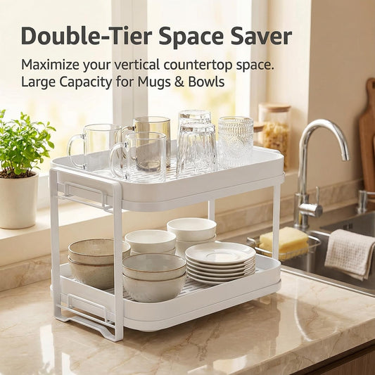 2-Tier Cup Drying Rack with Removable Drainboard, Rust-Proof Iron Mug Organizer, Multi-Purpose Bottle Drying Stand for Baby Bottles, Fruits, Vegetables, Countertop Space Saver, White