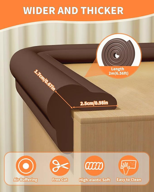 Edge Protector for Baby Proofing, 6.6FT 0.67’’Th L-Shape Air Buffering Soft NBR Rubber Foam Furniture Edge Bumper Guards with 6 Corners, Pre-Taped, Thick Table Bumper Guard for Babies (Coffee)