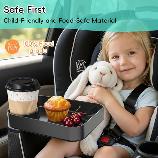Kids Car Seat Tray, Travel Tray with Cup Holder for Toddler Baby, Kids Car Seat Food Snack Organizer for Road Trip, Stroller Snack Organizer Travel Must Haves Toddler Must Haves (Dark Gray, 1PCS)