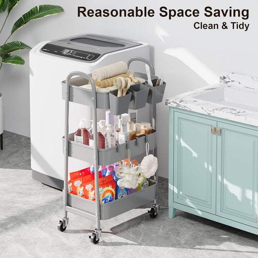3 Tier Heavy Duty White Metal Rolling Cart with Lockable Wheels, Three Tier Roller Book Snack Cart, Utility Storage Organizer Carts for Kitchen, Bathroom, Garage, Baby Diaper, Craft, Art, Teacher