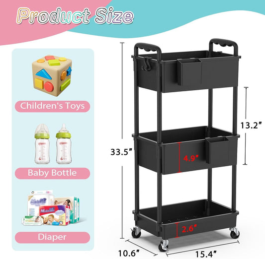 SUNALLY Baby Diaper Caddy Cart, 3 Tier Rolling Diaper Cart with Lockable Wheels for Nursery Essentials, Large Capacity & Easy Assemble Diaper Storage Organizer for Newborn,New Mom, White